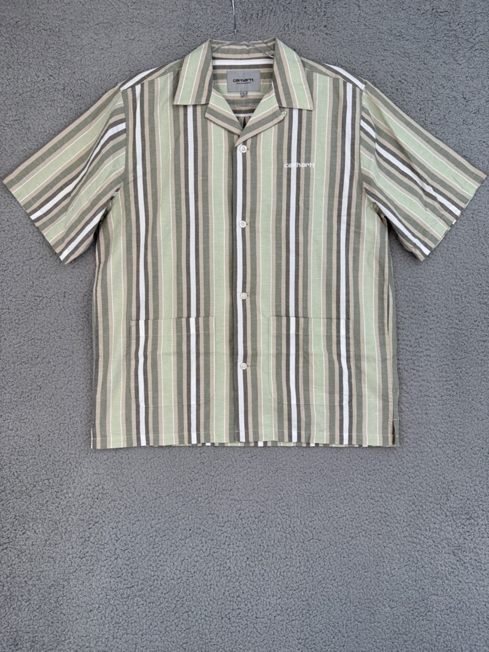 Carhartt Folsey Shirt Men’s Small Short Sleeve Button Up Green linen blend